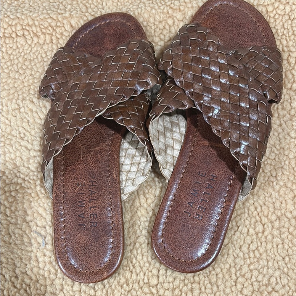 Brown Leather Woven Sandals Slip-On Design